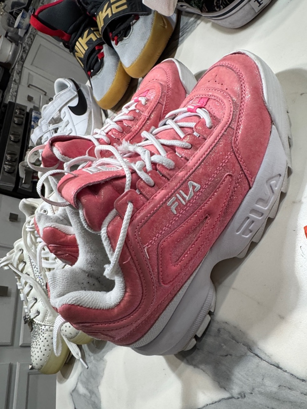 Fila Pink Suede Chunky-Lace Platform Sneakers
